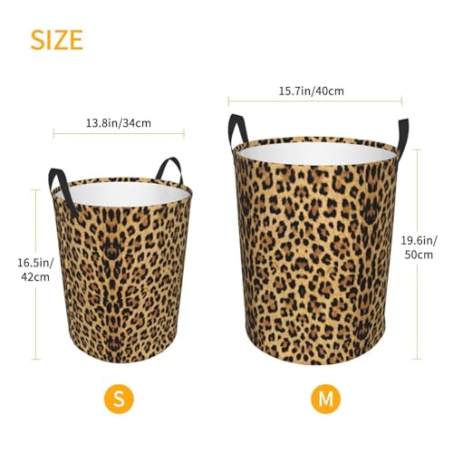 Image of Brown Leopard Print Round Laundry Hamper Animal Cheetah Storage Basket Toys Clothes Organizer Bin For Home Bathroom Bedroom Dorm Nursery, 38l