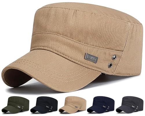 Initlove Cadet Army Cap Military Unisex Flat Top Hat for Men Women Beige