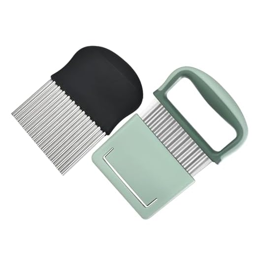 MEMOFYND 2 cuchillas onduladas de acero inoxidable, cortador de patatas, cortador de ensalada, herramienta de cocina multifuncional, adecuado para verduras, frutas (negro, verde)