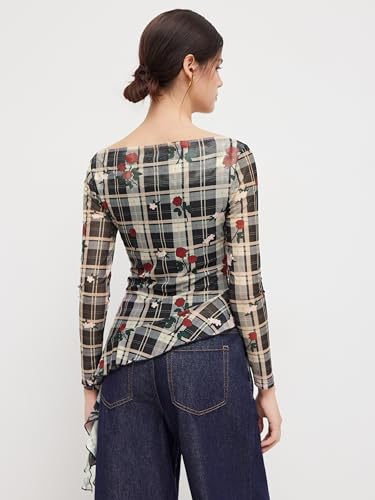 CIDER Womens Tops Mesh Top Plaid Top Long Sleeve Boat Neck Ruffle Hem Casual Floral Rose Plaid Regular Fit Blouse3