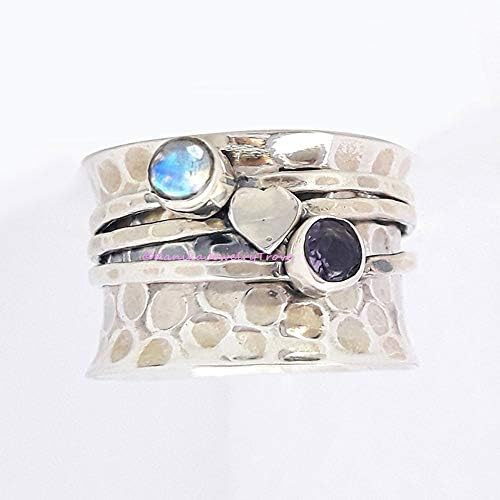 Amethyst Ring, Rainbow Moonstone Ring, Love Ring, 925 Sterling Silver Ring, Hammered Spinner Ring, Anti Anxiety Ring, Love Band, Textured Ring Spinner, Easter Ring, Gift for Easter Mother's Day Gift