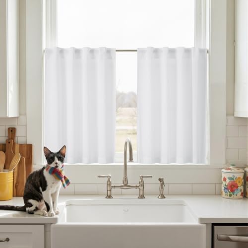 NICETOWN Light Filtering White Bathroom Curtains 36 inches Long 2 Panels, Privacy Non-See-Through Airy & Elegant Breathable Window Treatments Short Dr