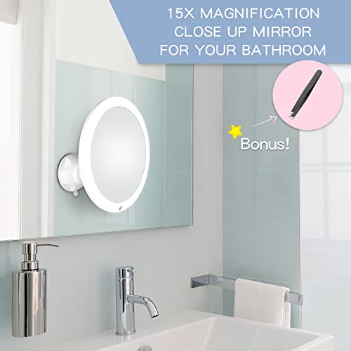15X Magnifying Mirror With Light & Tweezers - Lighted Makeup Mirror With Strong Magnification For Precise Makeup, Plucking, Lighted Magnified Mirror W/Suction Cup For Bathroom, Dual Power , 8" #TOP5