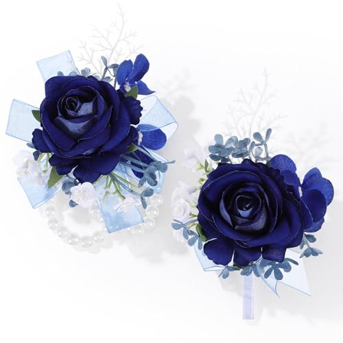 HaiFafafaing Corsage Wristlet and Boutonniere Set, Blue Wrist Corsage