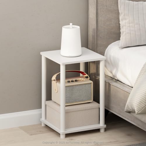Image of Furinno Turn-N-Tube Night Stand, 2-Tier Open Shelf Design Nightstand, Toolless Bedside Table, End Table, Side Table, for Bedroom, Closet, Dorm, White