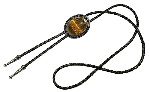 Image of Moranse Bolo Tie with Natural Tiger Eye Stone Celtic Style Genuine and Cowhide Rope