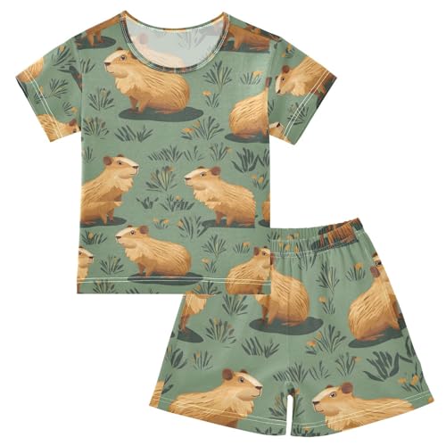ALAZA Capybara Green Leaves Pajamas Set Short Sleeve Cotton Sleepwear Summer Pjs 2 Piece 5-14Y