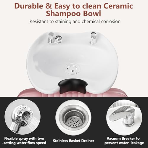 Image of Shampoo Backwash Unit, Barber Backwash Chair, Shampoo Bowl and Chair Set for Salon, Salon Hair Washing Station with Ceramic Shampoo Bowl (Pink)