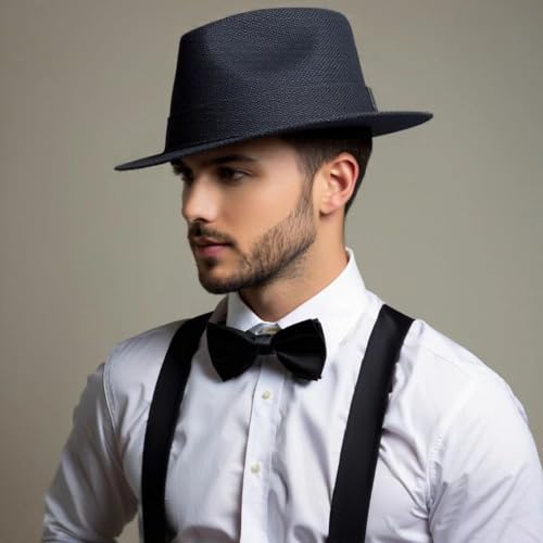 Soffpjy 1920s Mens Costume Fedora Hat Gatsby Gangster Accessories Suspenders & Pre Tied Bow Tie (Black A, Large(59-60cm))