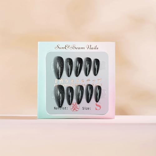 Sun&Beam Nails Handmade Press-on Medium Long Almond Black Silver Cat Eye Design Charming False Nail Tips 10 Pcs (#125 M) - Image 4