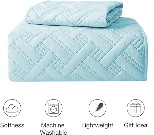Image of SANMARINO Luxury Cotton Ultrasonic Quilted King Size Bedcover with 2 Pillow Covers | Ultra-Soft, Cozy Solid All-Season Quilt Coverlet | Premium Bedding Set for Bedroom Decor - 228x254 cm,Aqua Mist
