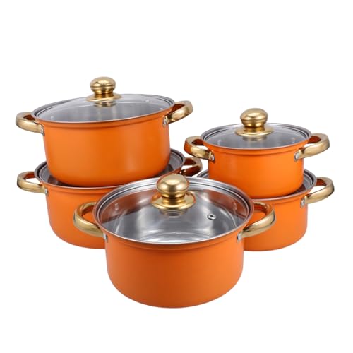 Lurrose Juego de Ollas de Acero Inoxidable 10 Piezas con Mangos Naranja y Tapas de Vidrio, Batería de Cocina para Inducción, Ollas para Sopa, Guisos y Fideos, Resistente al Calor, Apto