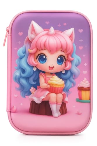 Estojo Infantil 3D em EVA Unissex com 3 Compartimentos – Estojo Escolar Grande para Lápis, Canetas e Acessórios | Porta-Canetas Fofo Resistente, Volta às Aulas (Menina Cupcake)
