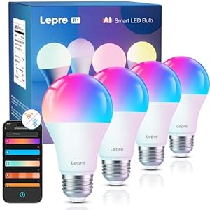 Lepro B1 Smart Light Bulbs – AI Generated Lighting, AI Mood Recognition, Lightbeats Music Sync, 2.4Ghz WiFi & Bluetooth LED RGB Bulb with App Control, Compatible with Alexa & Google Assistant, 4 Packs