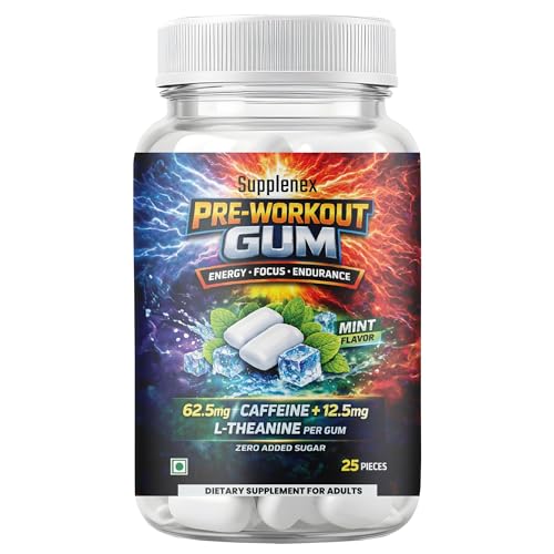 Image of Pre Workout Caffeine and L-Theanine Gum (25 Gums, Mint Flavour) | Pre-workout Supplement Supports to Improve Focus, Strength, Energy and Pump | Natural Caffeine and L-Theanine