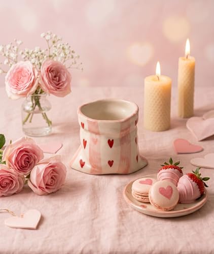 Image of Handmade Heart Print Ceramic Pouch Coffee Mug - Aesthetic Pink Striped Tea Cup for Coffee Milk Espresso, Cute Pottery Style Designer Mug for Women Girls Home Cafe Use
