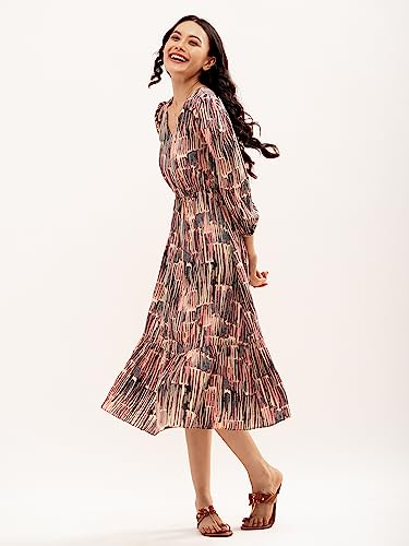 Image of AASK Abstract Printed Puff Sleeve Gathered Detailed Fit Flare Dress