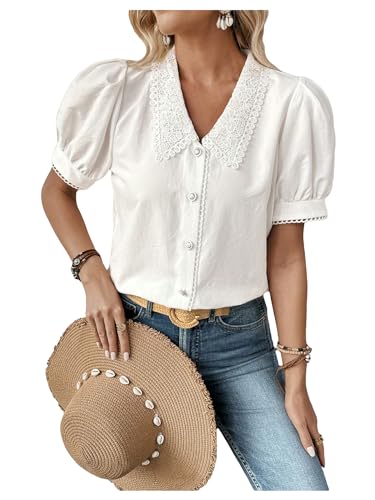 SweatyRocks Women's Puff Short Sleeve Collar Button Front Blouse V Neck Contrast Lace Shirt Tops