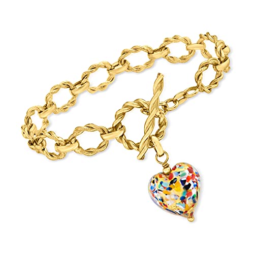 Ross-Simons Italian Multicolored Murano Glass Heart Charm Toggle Bracelet in 18kt Gold Over Sterling