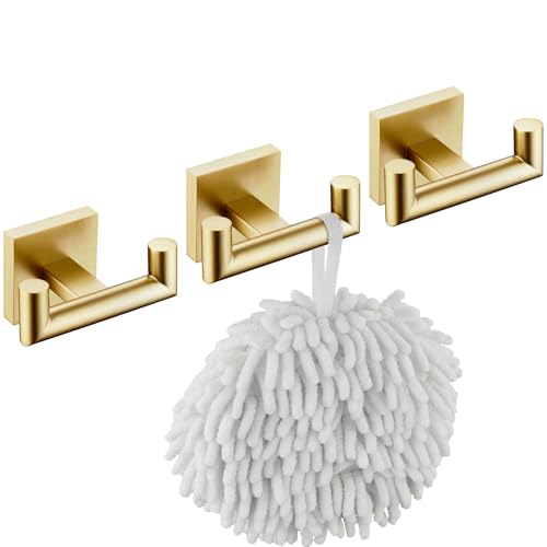 Image of KOKOSIRI Robe Hooks Bathroom Double Towel Coat Hook for Bath Kitchen Wall Mounted, 3 Pack Brushed Gold Stainless Steel B1015BG-P3