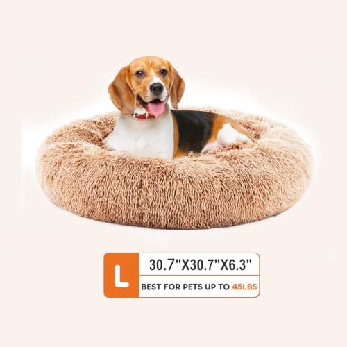 Image of NEWBULIG Round Donut Dog Bed, Large Sized Beds for Indoor Cats and Dogs, Machine Washable Pet Sofa with Anti-Slip, Super Soft Durable Fabric, 30.7x30.7 Inch, Brown
