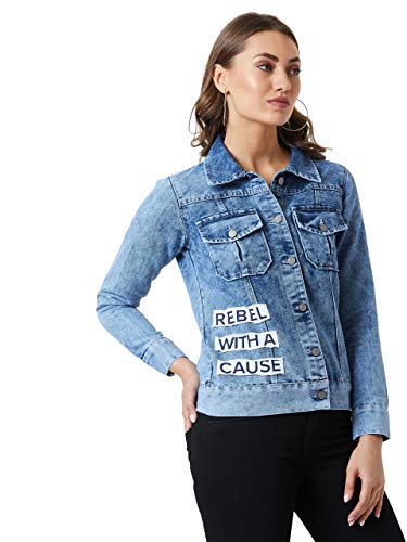 Image of Miss Chase Women's Polo Neck Full Sleeves Patch Pocket Denim Overcoat Knee-Length Jacket