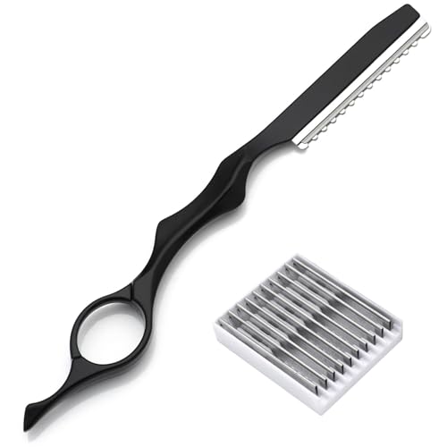 JYSNOW Navaja de Afeitar, Cuchillo para Adelgazar el Cabello, Cuchilla de Afeitar de Peinado con 10 Navajas de Repuesto, Navaja Peluqueria Profesional, para Uso de Salón Casa (Negro)