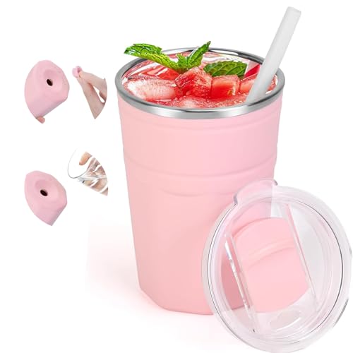 Yummy Sam 18oz Stainless Steel Cups, Reusable Ice Cup with Lids, Camping Mug Leak-Proof BPA-Free, Double Wall Portable Reusable Travel Coffee Mug for Cold Beverages Coffee Tea (Pink)