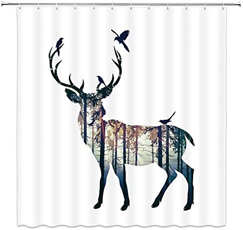 Deer Shower Curtain Wild Animal Elk Bird Pine Tree Foggy Forest Nature Hunting Silhouette Modern Cabin Minimalist Artistic Fabric Polyester Bathroom Decor with Hooks(70" WX70 H)