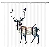 Deer Shower Curtain Wild Animal Elk Bird Pine Tree Foggy Forest Nature Hunting Silhouette Modern Cab