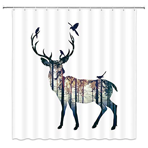 Deer Shower Curtain Wild Animal Elk Bird Pine Tree Foggy Forest Nature Hunting Silhouette Modern Cabin Minimalist Artistic Fabric Polyester Bathroom Decor With Hooks(70" Wx70 H) #TOP1