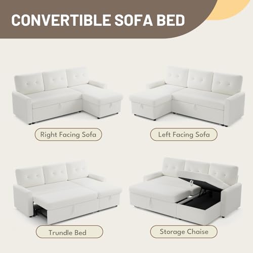 IULULU Sleeper Sofa, L Shaped Boucle Sectional Couch with Pullout Bed, Reversible Storage Chaise, 2 in 1 Pull Out Couches for Living Room, Apartment, Off White - Thumbnail 4