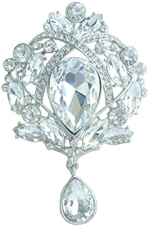 Sindary Vintage 3.54" Teardrop Brooch Pin Pendant Rhinestone Crystal BZ4082 (Silver-Tone Clear)