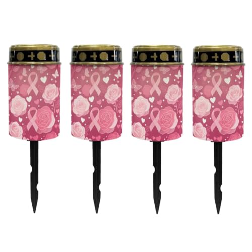 Image of Poceacles Solar Lights Outdoor Solar Powered Outdoor Cemetery Stake Candle Grave Lamp Landscape Lighting Waterproof Grave Flameless Candle, Pink Ribbon Rose Butterfly, Pack of 4
