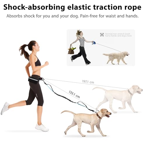 Blanlody Joggingleine Hunde, Bauchgurt Hundeleine Verstellbarer Hüftgurt Hunde Joggingleine mit Reflektierenden Nähten Jogging Leine Hundeleine mit Dual Griffe, Laufgurt für Große Hund Bis 50Kg
