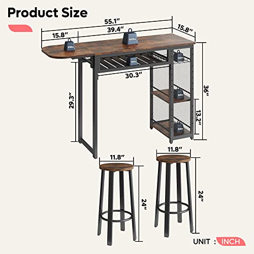 Bestier Bar Table and Chair Set, Expandable Dining Table with 2 Bar Stools, Industrial Kitchen Counter with Wine Rack & 3 Tier Adjustable Storage Shelves Rustic Brown - Image 3