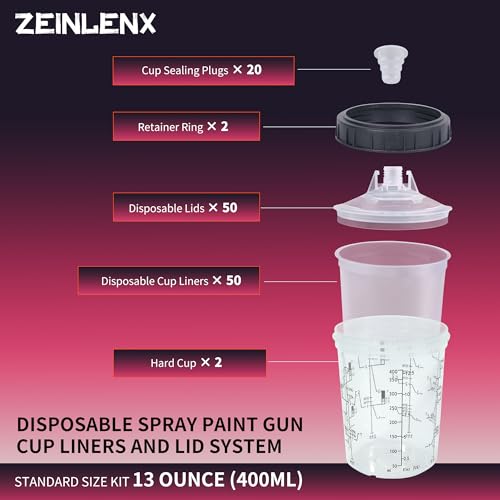 Image of Disposable Paint Gun Cups for Spray Gun, 13oz(400ML) 50 Liners Kit | 50 Pack Disposable Liners and Lids For HVLP & LVLP Automotive Spray Gun, Car Painting, and Furniture