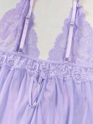 Image of Foxiny Sexy Open Front V Neck Ruffle Sheer Mesh Lace Wireless Babydoll Lingerie Dress with Thong 2 Piece