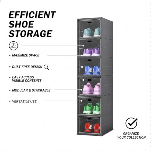 Image of Sulfar 6 Tier Shoe Rack Collapsible Shoe Organiser with Door - Foldable Sneaker Crates Footwear Organiser for Men, Women, Heels, Boots, Loafers, Sneakers, Slippers (Grey)