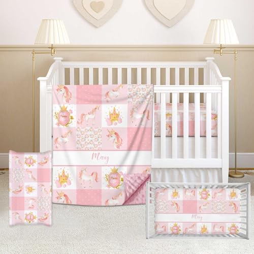 Custom Baby Crib Bedding Sets for Girls, Personalized Name Princess Pink Baby Crib Set, Dotted Backing Blanket, Fitted Sheet, Baby Changing Pad Cover, 3 Pcs Nursery Decor for Newborn Infant Toddler