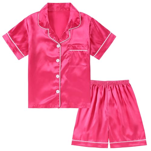 DIPUG Girls Pajamas Satin Girl Pjs Kids Pajama Sleepwear Short Sleeve(Hot Pink)