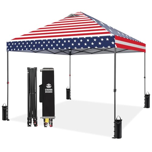 Image of CROWN SHADES 10x10 Pop Up Canopy - Patented Center Lock One Push Instant Outdoor Canopy Beach Tent with STO-N-Go Bag 8 Stakes & 4 Sand Bags，American Flag