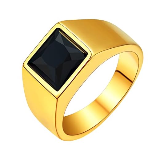 U7 Classic Men Signet Ring with Black Onyx Personalized Gold Plated Square Gemstone Signet Pinky Ring Simple Wedding Band for Dad Husband Size 14