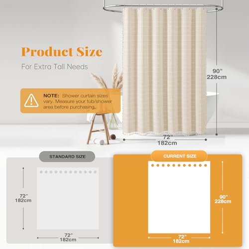 Image of BTTN Extra Long Shower Curtain - 72x90 Inch Long Boho Tassel Linen Fabric Shower Curtain Set with 12 Plastic Hooks, Modern Farmhouse Elegant Heavy Duty Cloth Shower Curtains for Bathroom - Cream /Beige