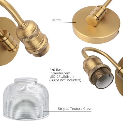 Image of Yosoan Brass Gold Vintage Wall Sconce with Striped Shade, 1-Light Modern Vanity Light Industrial Single Wall Mounted Hardwired Bowl Texture Glass Shade for Living Room Bedroom Kitchen Hallway(Antique)