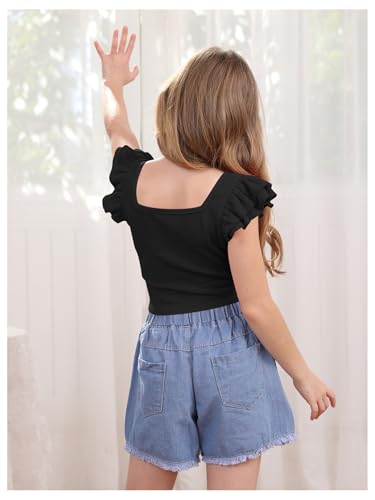 Image of OYOANGLE Girl's Casual Solid Ruffle Trim Cap Sleeve Square Neck Cute Crop Tank Tops T-Shirts