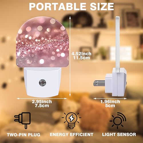 Image of Night Lights Plug into Wall Rose Pink Glitter Night Light Dusk to Dawn Smart Sensor Decorative Round Led Lamp for Bedroom Kitchen Hallway Nightlight for Women Men