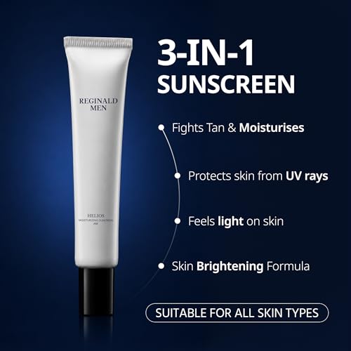 Image of Reginald Men SPF 50+ PA++++ Sunscreen (100g) | In-Vivo Tested | Broad Spectrum UVA /UVB Protection | Brightening & Hydrating | Lightweight, Oil-Free & Non-Sticky | Daily Sun Protection for Men (Pack of 2,50g x 2)