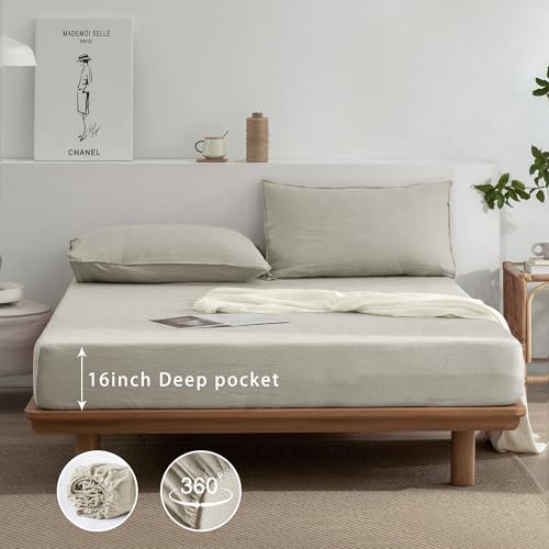 EVERLY Linen Sheets Set Full Size,100% French Stonewash Pure Linen Bed Sheets,4Pieces (1Flat Sheet,1Fitted Sheet,2Pillowcase) Suitable for Hot Sleepers,Deep Pocket Natural Bedding Set