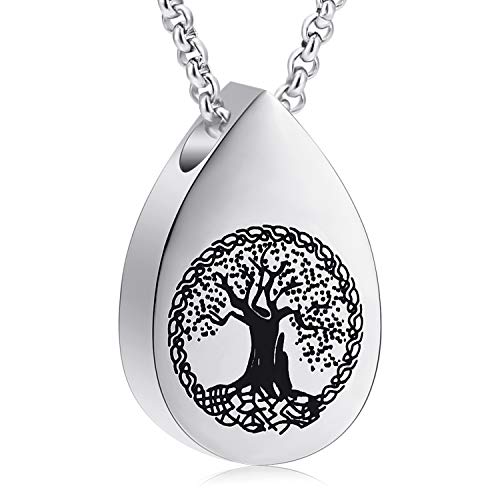 Hearbeingt Teardrop Tree of Life Memorial Ashes Urn Necklaces, Waterdrop Cremation Jewelry Made of Stainless Steel, Keepsake Pendant Locket for Ashes for Women